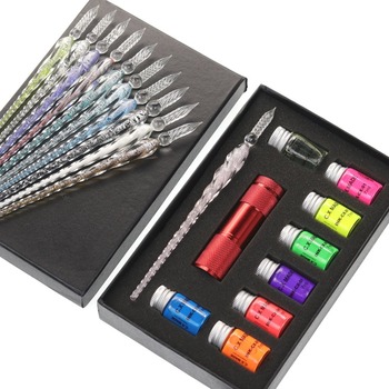 Student writing glass pen fluorescent ink gift box set color ink pen set student with glass dip pen ink gift box